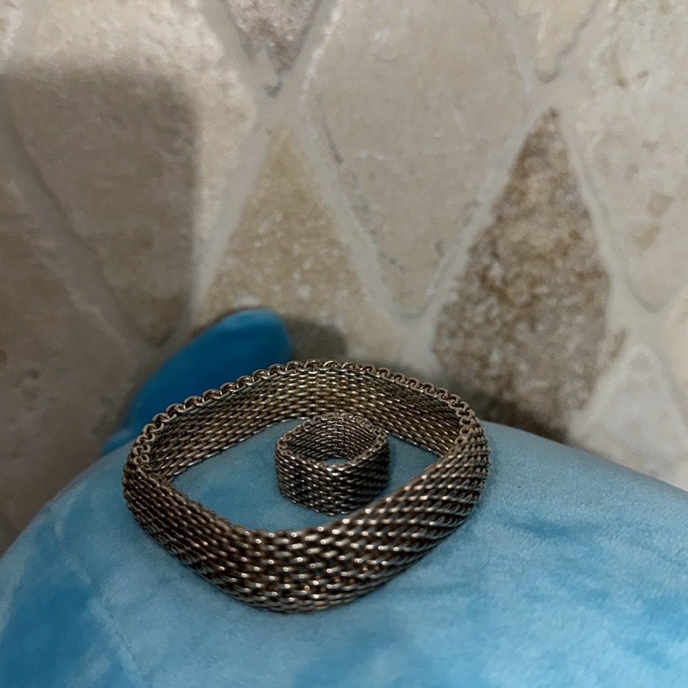 Tiffany & Co. 925 Sterling Silver Mesh Bracelet & Ring-Comes with Original Box - Picture 5 of 10
